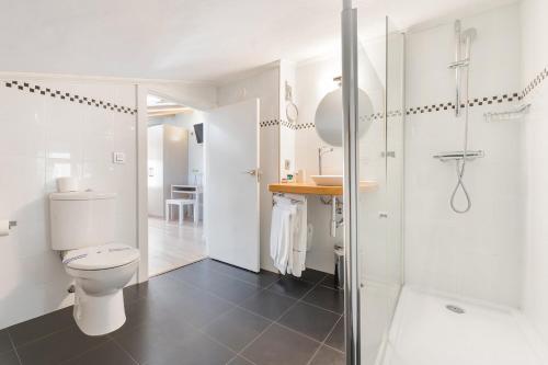 a white bathroom with a toilet and a shower at OTTIUM Albanuracín in Albarracín