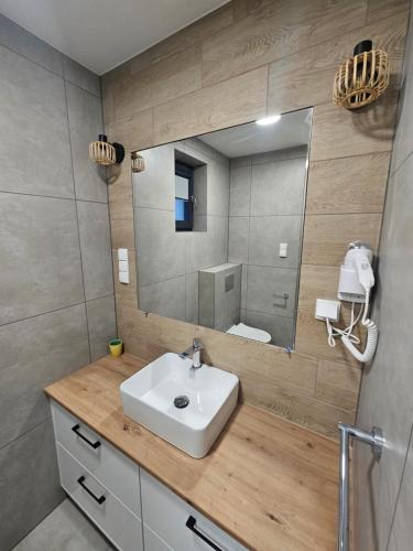 a bathroom with a sink and a mirror at Letnisko nad jeziorem in Skulsk