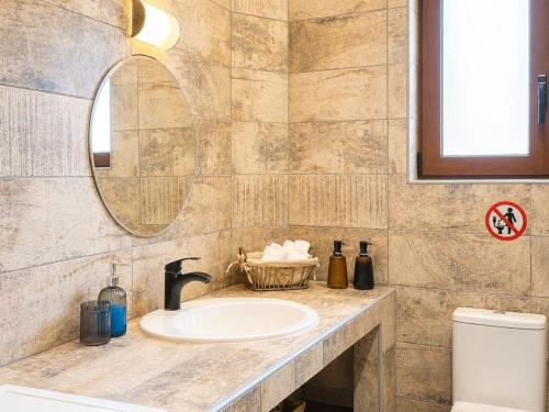 a bathroom with a sink and a mirror and a toilet at Cretan Nature Stone Apartment in Ayiás Filakaí