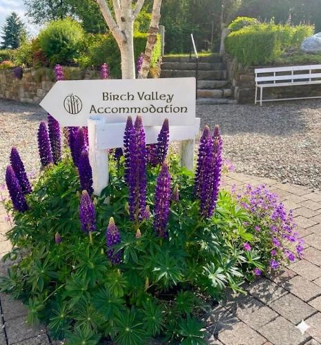 a sign in a garden with purple flowers at Birch Valley Accommodation Tinahely Wicklow in Killicreny Bridge
