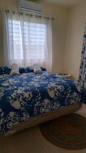 a bedroom with a bed with a blue comforter and a window at Katty House in Santa Bárbara de Samaná