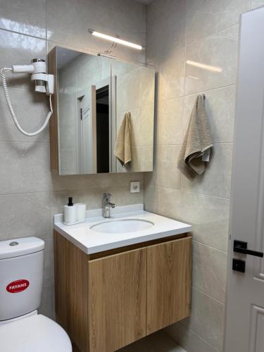 a bathroom with a sink and a toilet and a mirror at Azur Properties 74 in Shkorpilovtsi