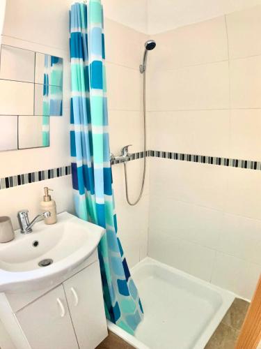 a bathroom with a sink and a shower at Apartmán Růžovka in Jaroměř