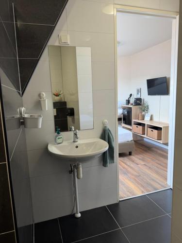 a bathroom with a sink and a mirror at Harbour Stay Volendam in Volendam