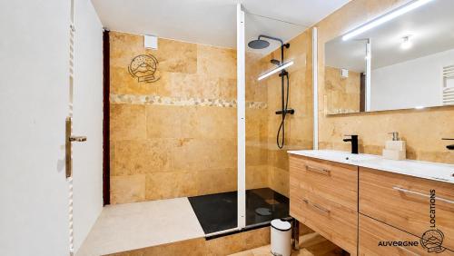 a bathroom with a shower and a sink at L'Hirondelle des Sarments in Montaigut-le-Blanc