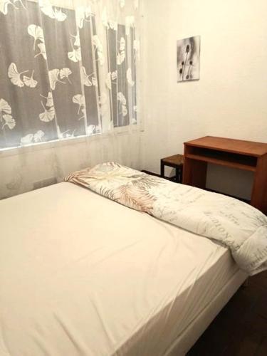 a bed in a room with a table and a window at Location appartement plain pied T3 à 8 KMS de l'océan in Lit-et-Mixe