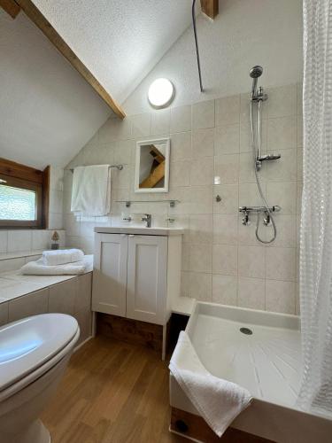 a bathroom with a tub and a toilet and a sink at Walnut Tree Gîte in Boderel
