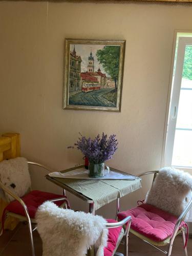 a table with two chairs and a table with flowers on it at Погарь Квасівський in Kvasy