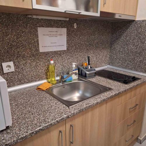 a kitchen counter with a sink in a kitchen at COSY and SPACIOUS APARTMENT C30 in Borovetz in Borovets