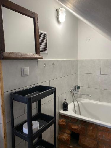 a bathroom with a sink and a bath tub at SARNOGRÓD - Agroturystyka z alpakami in Babięta