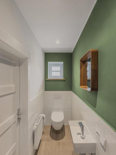 a bathroom with a white toilet and green walls at An der Obstwiese in Untergut
