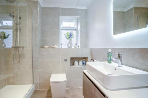 a bathroom with a sink and a toilet and a shower at 2 Bed in Mumbles oc-hh141 in Newton