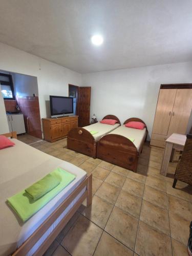 a room with two beds and a tv in it at Dodo Obala Apartmani in Sutomore