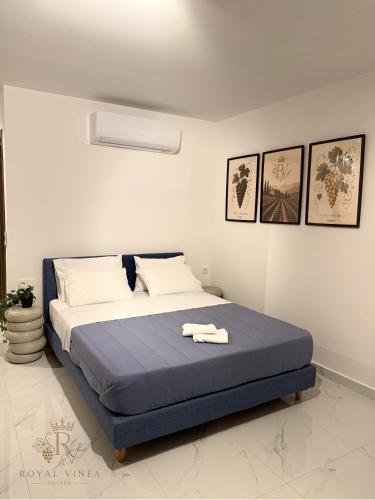 a bedroom with a bed with a blue mattress at Royal Vinea Suites in Elevtheraí