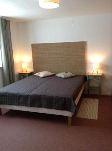 a bedroom with a large bed with two lamps on two tables at Terassenwohnung in Starzach