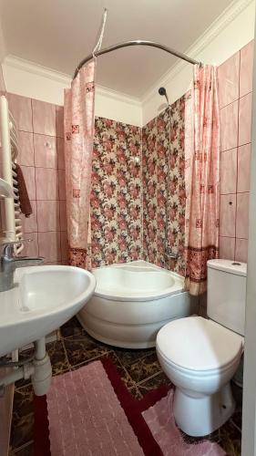 a bathroom with a toilet and a tub and a sink at Ріточка in Berehove