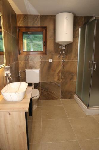 a bathroom with a toilet and a glass shower at GUZIJAN seosko domaćinstvo in Šipovo
