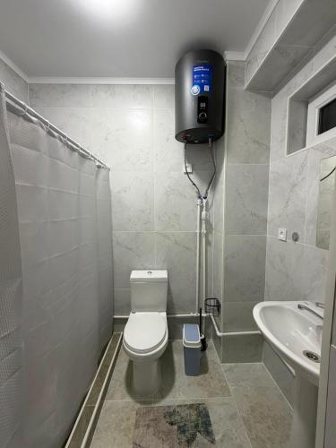 a small bathroom with a toilet and a sink at Aydin Guest House in Bayetovka