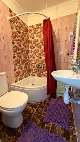 a bathroom with a toilet and a tub and a sink at Роман in Berehove