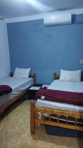 two beds in a room with a blue wall at Carmine Studio Dahab in Dahab