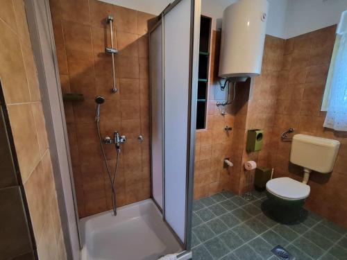 a bathroom with a shower and a toilet at Apartmani Božica in Jadranovo