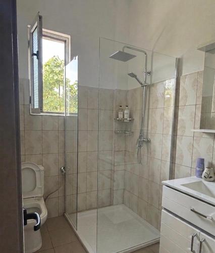 a bathroom with a shower with a toilet and a sink at Tirana Terminal Stay in Tirana