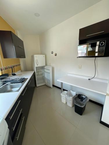 a small kitchen with a sink and a refrigerator at Penthouse with Pool, Gym & A/C in Querétaro