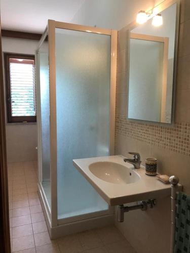 ein Badezimmer mit Waschbecken und Glasdusche in der Unterkunft Dimora Ferretti in Venarotta