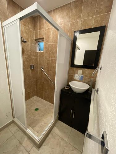 a bathroom with a shower and a sink at Apartment with Pool, Gym & A/C in Querétaro