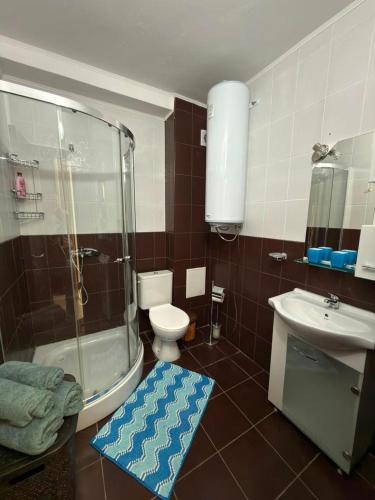 a bathroom with a shower and a toilet and a sink at Byla Central Studio in Byala
