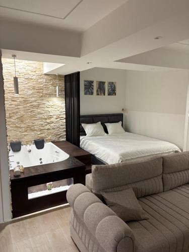 a bedroom with a bed and a couch and a tub at Apartmani Harmonija in Vrbas