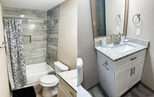 two pictures of a bathroom with a sink and a toilet at Cozy Comfort 1BR - Renovated, Private, Pet Welcome in Texas City