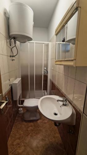 a bathroom with a sink and a toilet and a mirror at Apartmani Nina in Starigrad