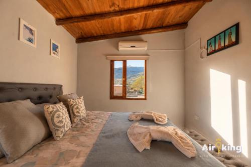 a bedroom with a large bed and a window at Amplios Departamentos con Vistas a los cerros - Patio, Asador y Pileta in Tafí del Valle