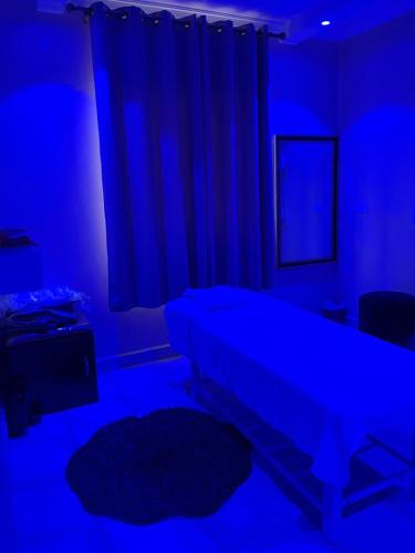 a blue room with a bed and a curtain at LILY'S spa and accomodations in Mukono