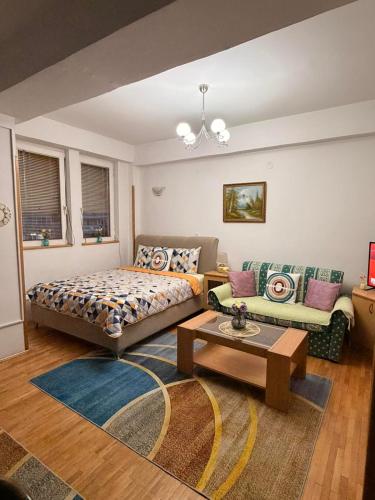 a living room with a bed and a couch at Sofi Central Apartment in Ohrid