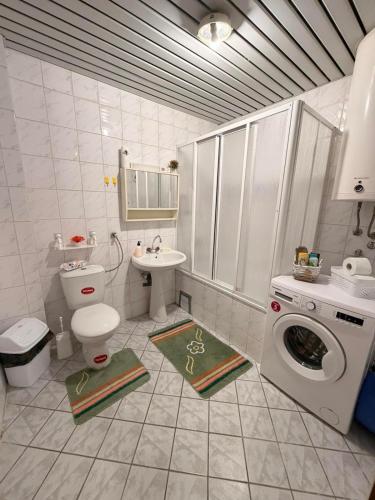 a bathroom with a toilet a sink and a washing machine at Sofi Central Apartment in Ohrid