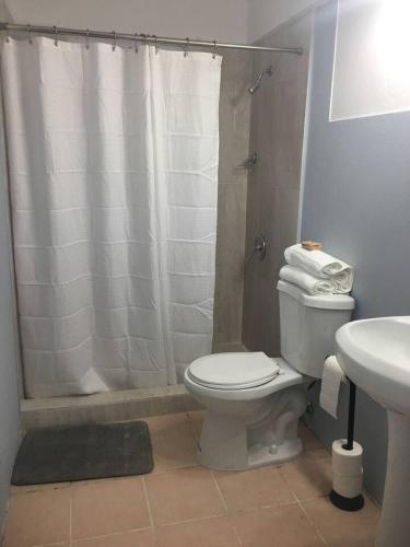 a bathroom with a toilet and a shower and a sink at Above The Plaza 4 (6 guest) in Rincon