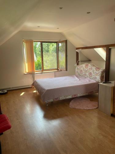 a bedroom with a bed in a room with a window at Upes lillijas in Jelgava