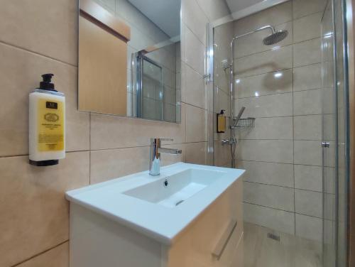 a bathroom with a sink and a mirror and a shower at Barcelos Habadia da Loja in Lijó