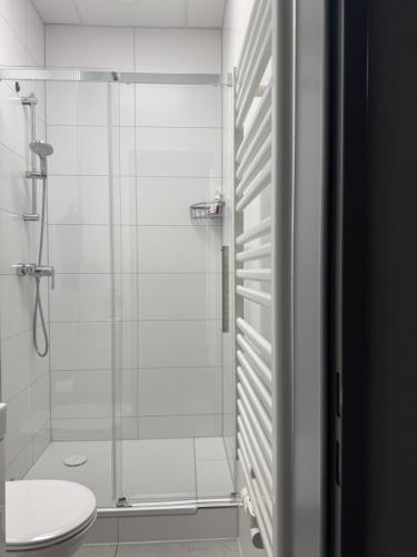 a bathroom with a shower and a toilet at Hansa Living 3 Hamburg - Ruhiges Zimmer mit Gemeinschaftsküche in Hamburg