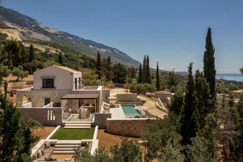 an aerial view of a house with a pool at Kerami Kefalonia in Kefallonia