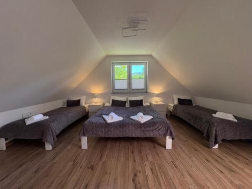 a attic room with two beds and a window at Apartamenty w Kotlinie in Lądek-Zdrój