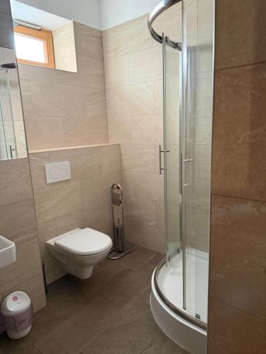 a bathroom with a toilet and a glass shower at Jacht Apartmanok in Balatonfüred