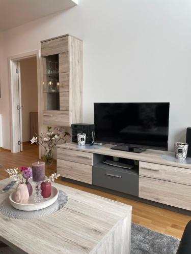 a living room with a tv and a coffee table at Anonim Plus in Vrdnik