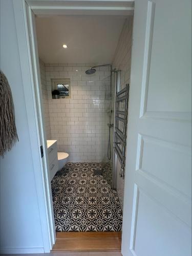 a bathroom with a shower and a toilet and a sink at Höllviksstugan in Höllviken