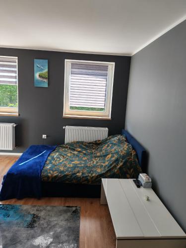 ein Schlafzimmer mit einem Bett und einem Tisch darin in der Unterkunft Potok in Walim