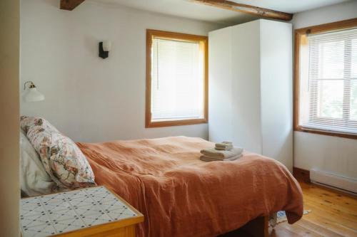 a bedroom with a bed and two windows at Triangle de l'Île Chambre La Yogi in Saint-Laurent-de-l'ile d'Orleans