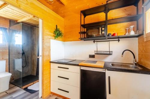 a kitchen with a sink and a shower at Aloha Studio in La Oliva