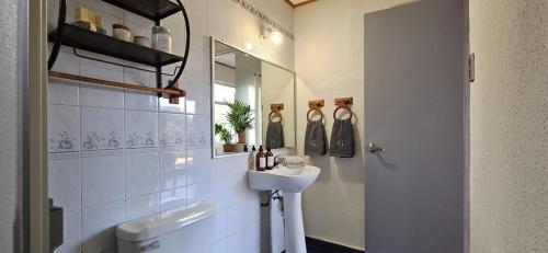 a bathroom with a sink and a mirror at Alojamiento Zapallar in Curicó